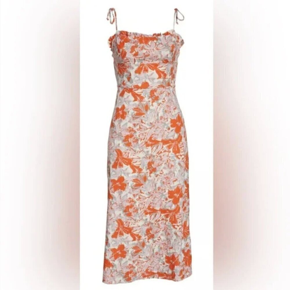 Free People Dress 8 NWOT Beach Party Shoulder Midi Linen Orange Floral Summer